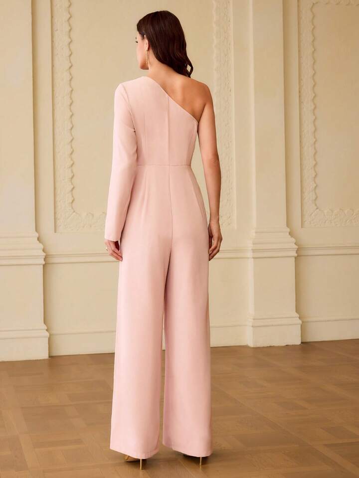 CM-JS256306 Women Elegant Seoul Style Asymmetric Neck Pleated Floral Embroidery Jumpsuit - Dusty Pink