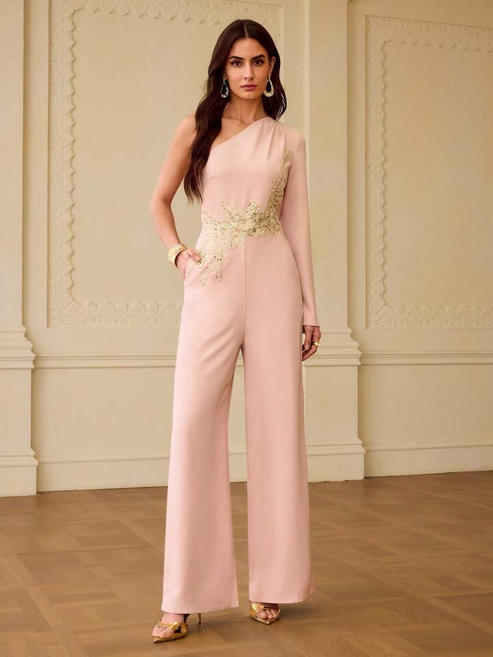 CM-JS256306 Women Elegant Seoul Style Asymmetric Neck Pleated Floral Embroidery Jumpsuit - Dusty Pink