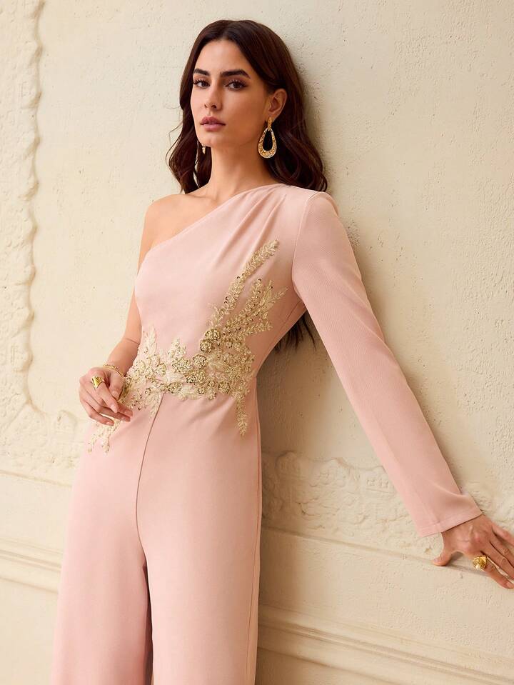 CM-JS256306 Women Elegant Seoul Style Asymmetric Neck Pleated Floral Embroidery Jumpsuit - Dusty Pink