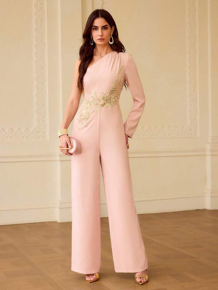 CM-JS256306 Women Elegant Seoul Style Asymmetric Neck Pleated Floral Embroidery Jumpsuit - Dusty Pink