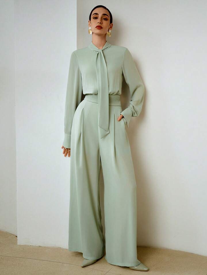 CM-JS504080 Women Elegant Seoul Style Ribbon Collar Rhinestone Buttons Long Sleeve Jumpsuit - Mint Green