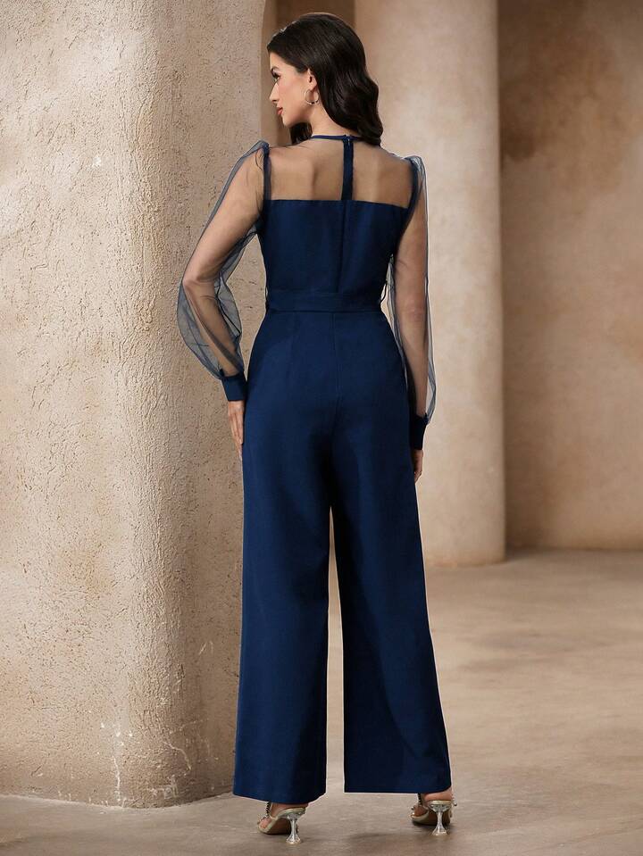 CM-JS855474 Women Elegant Seoul Style Deep V-Neck Long Sleeve Mesh Patchwork Pocket Wide Leg Jumpsuit - Blue