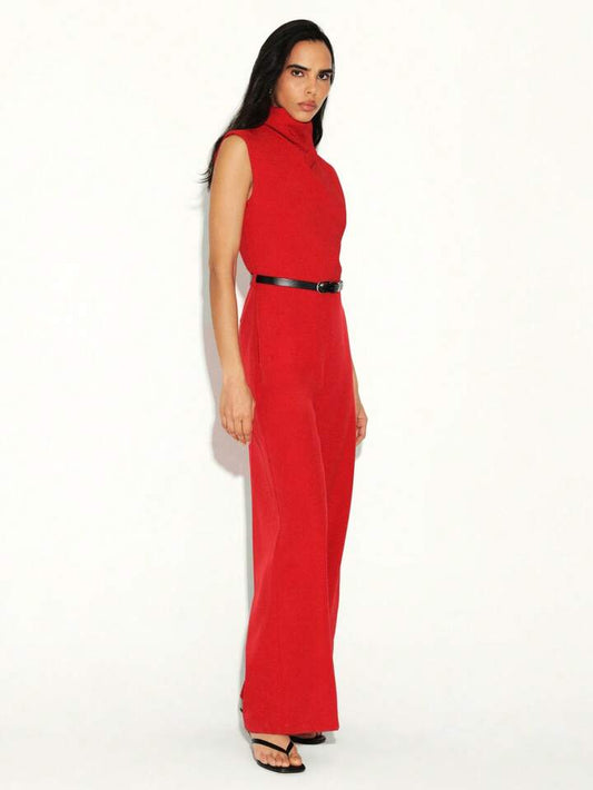 CM-JS208130 Women Elegant Seoul Style Turtleneck Sleeveless High Waist Wide Leg Jumpsuit - Red