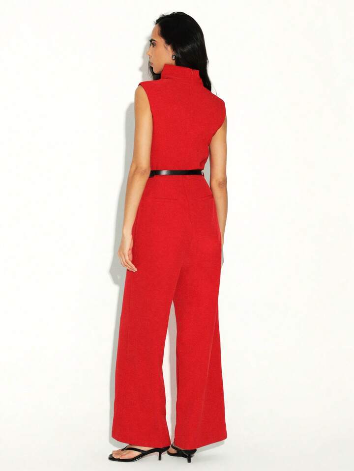 CM-JS208130 Women Elegant Seoul Style Turtleneck Sleeveless High Waist Wide Leg Jumpsuit - Red
