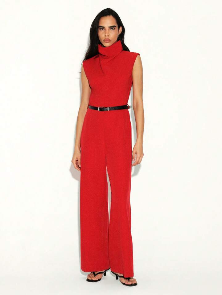 CM-JS208130 Women Elegant Seoul Style Turtleneck Sleeveless High Waist Wide Leg Jumpsuit - Red