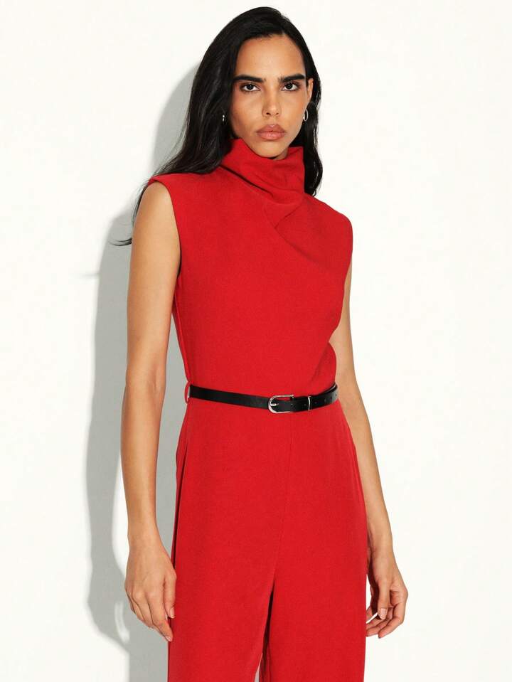 CM-JS208130 Women Elegant Seoul Style Turtleneck Sleeveless High Waist Wide Leg Jumpsuit - Red