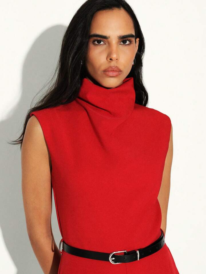 CM-JS208130 Women Elegant Seoul Style Turtleneck Sleeveless High Waist Wide Leg Jumpsuit - Red