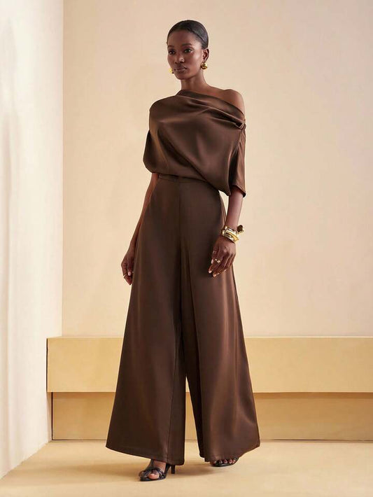 CM-JS921477 Women Elegant Seoul Style Asymmetrical Neck Short Sleeve Satin Wide Leg Jumpsuit - Brown