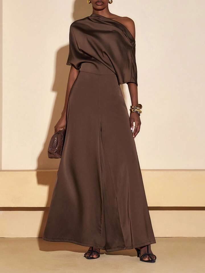 CM-JS921477 Women Elegant Seoul Style Asymmetrical Neck Short Sleeve Satin Wide Leg Jumpsuit - Brown