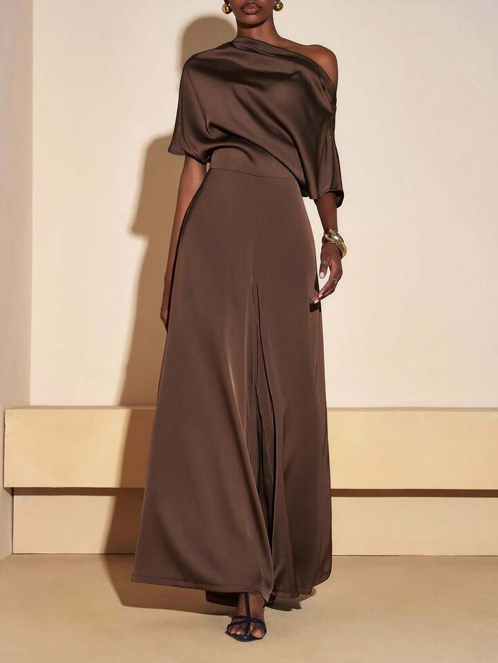 CM-JS921477 Women Elegant Seoul Style Asymmetrical Neck Short Sleeve Satin Wide Leg Jumpsuit - Brown
