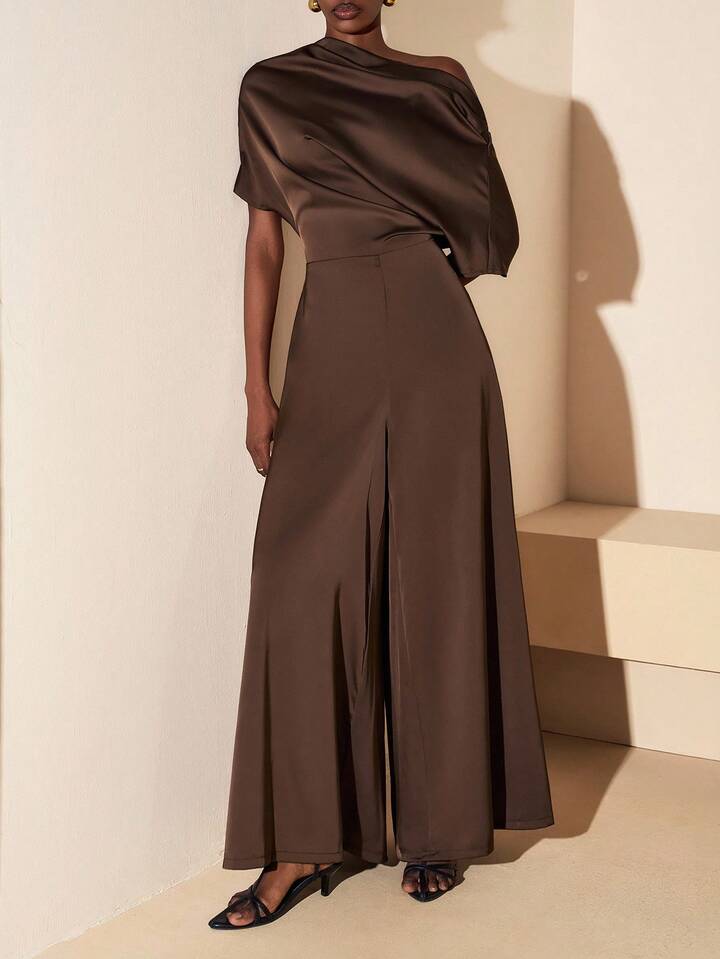 CM-JS921477 Women Elegant Seoul Style Asymmetrical Neck Short Sleeve Satin Wide Leg Jumpsuit - Brown