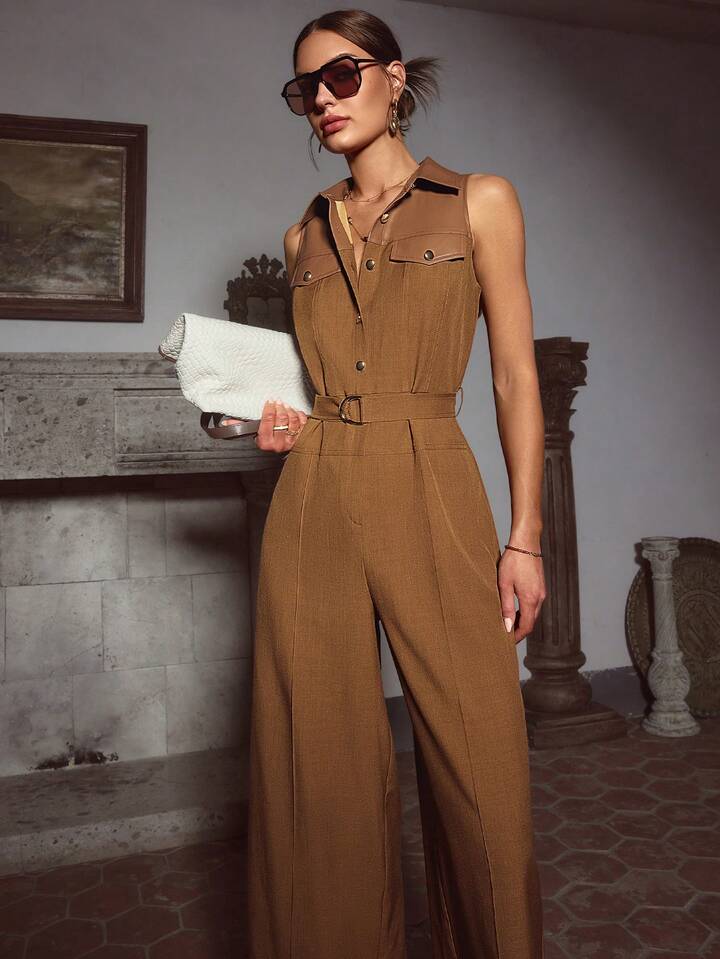 CM-JS771334 Women Elegant Seoul Style Collar Neckline Sleeveless Pocket Decorated Jumpsuit - Brown