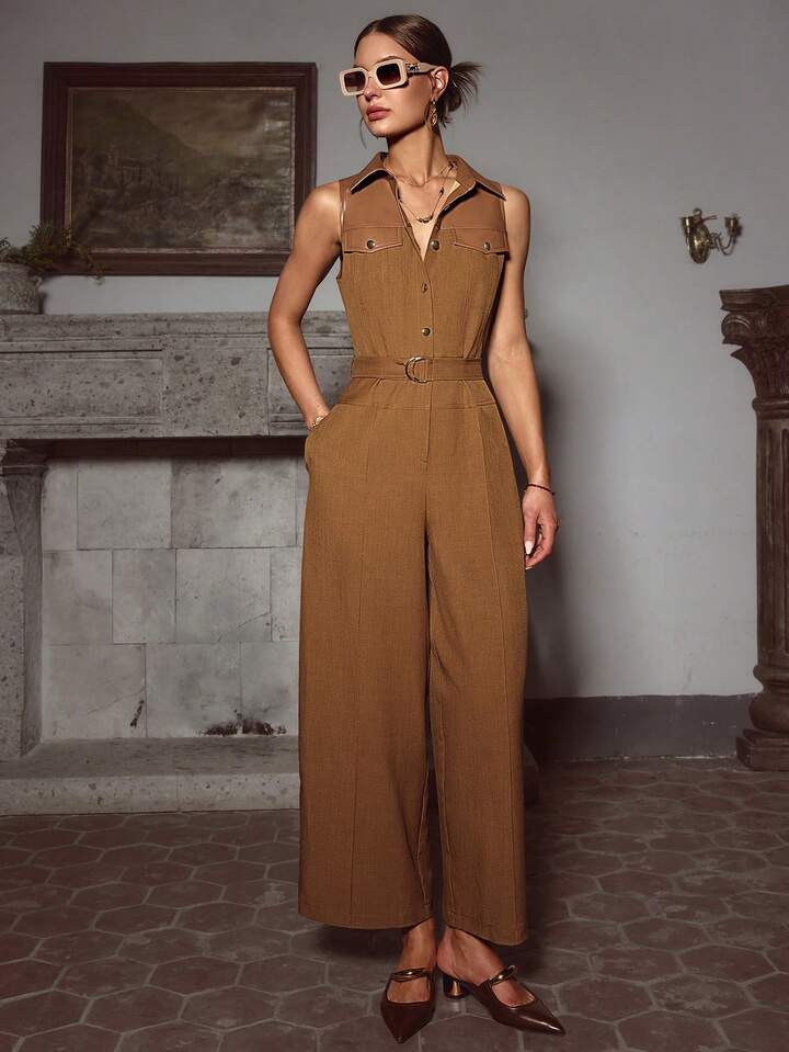CM-JS771334 Women Elegant Seoul Style Collar Neckline Sleeveless Pocket Decorated Jumpsuit - Brown