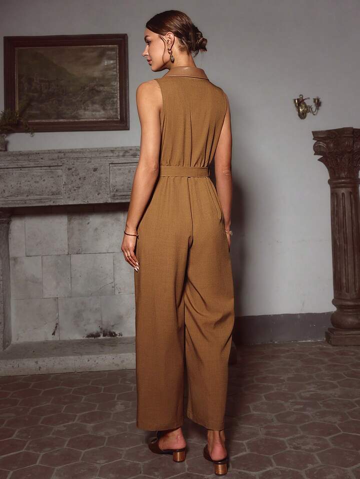 CM-JS771334 Women Elegant Seoul Style Collar Neckline Sleeveless Pocket Decorated Jumpsuit - Brown