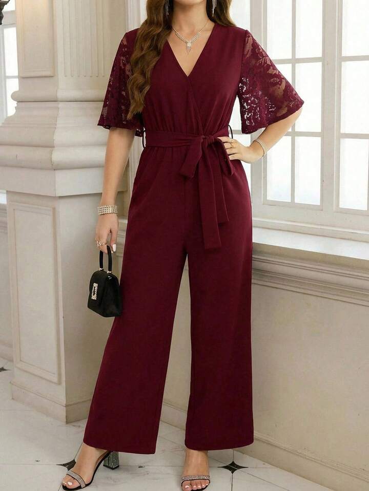 CM-JS466715 Women Casual Seoul Style V-Neck Half Sleeve Lace Patchwork Wide Leg Jumpsuit - Burgundy
