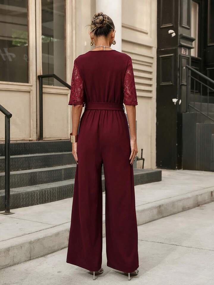 CM-JS466715 Women Casual Seoul Style V-Neck Half Sleeve Lace Patchwork Wide Leg Jumpsuit - Burgundy