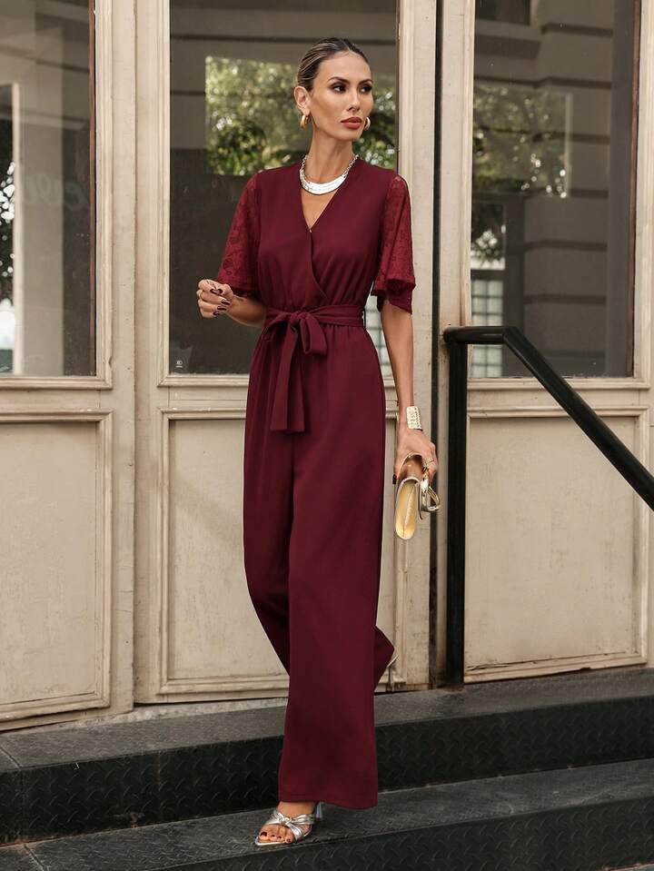CM-JS466715 Women Casual Seoul Style V-Neck Half Sleeve Lace Patchwork Wide Leg Jumpsuit - Burgundy