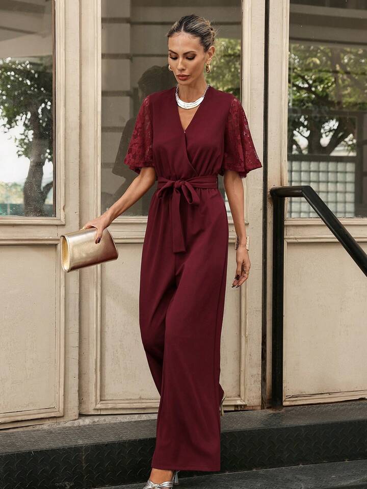CM-JS466715 Women Casual Seoul Style V-Neck Half Sleeve Lace Patchwork Wide Leg Jumpsuit - Burgundy