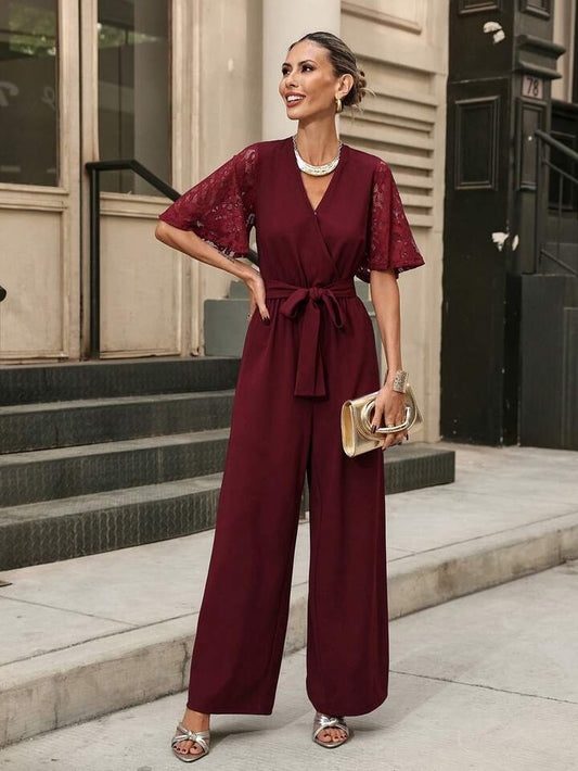 CM-JS466715 Women Casual Seoul Style V-Neck Half Sleeve Lace Patchwork Wide Leg Jumpsuit - Burgundy