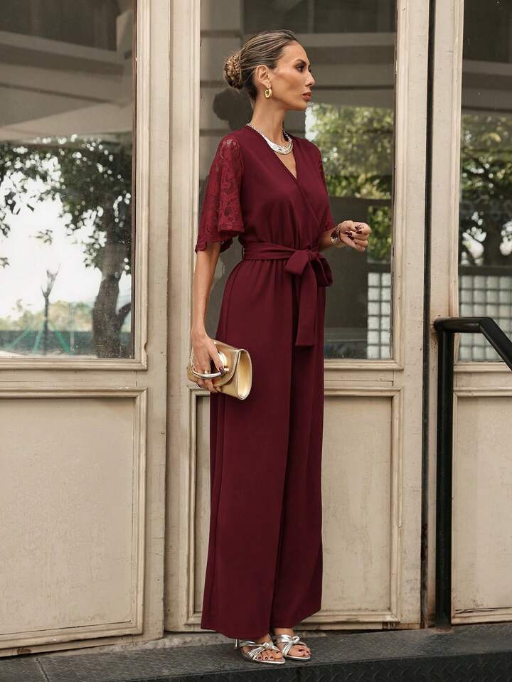 CM-JS466715 Women Casual Seoul Style V-Neck Half Sleeve Lace Patchwork Wide Leg Jumpsuit - Burgundy