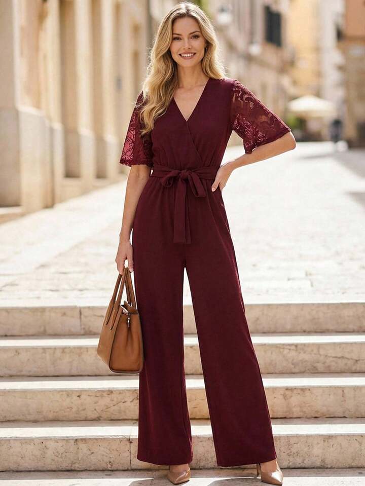 CM-JS466715 Women Casual Seoul Style V-Neck Half Sleeve Lace Patchwork Wide Leg Jumpsuit - Burgundy