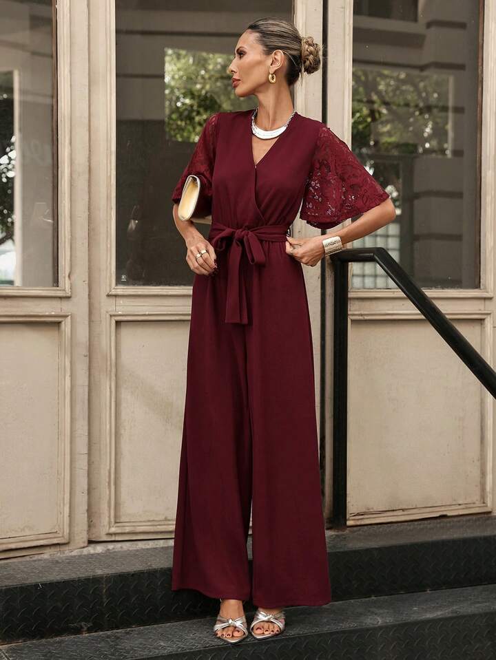 CM-JS466715 Women Casual Seoul Style V-Neck Half Sleeve Lace Patchwork Wide Leg Jumpsuit - Burgundy