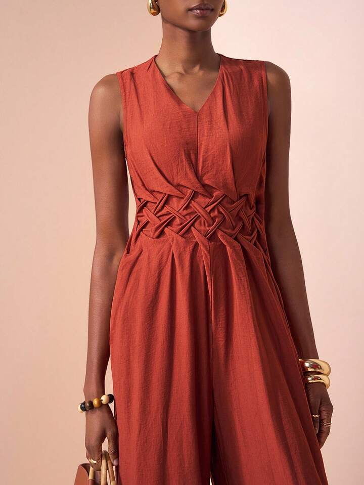 CM-JS104617 Women Trendy Bohemian Style V-Neck Sleeveless Waist Pleated Wide-Leg Jumpsuit - Rust Brown