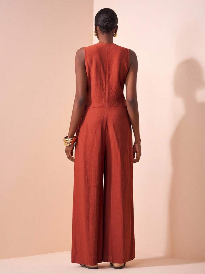 CM-JS104617 Women Trendy Bohemian Style V-Neck Sleeveless Waist Pleated Wide-Leg Jumpsuit - Rust Brown