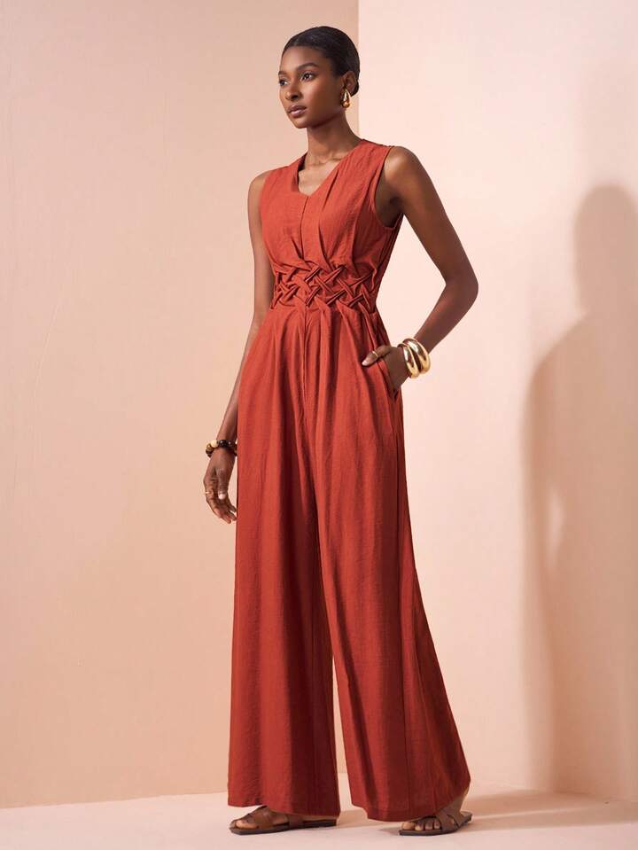CM-JS104617 Women Trendy Bohemian Style V-Neck Sleeveless Waist Pleated Wide-Leg Jumpsuit - Rust Brown
