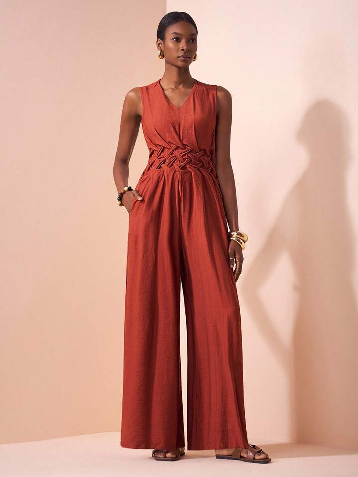 CM-JS104617 Women Trendy Bohemian Style V-Neck Sleeveless Waist Pleated Wide-Leg Jumpsuit - Rust Brown