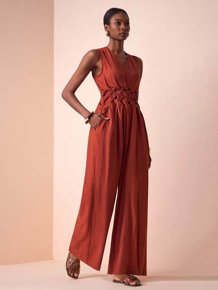 CM-JS104617 Women Trendy Bohemian Style V-Neck Sleeveless Waist Pleated Wide-Leg Jumpsuit - Rust Brown