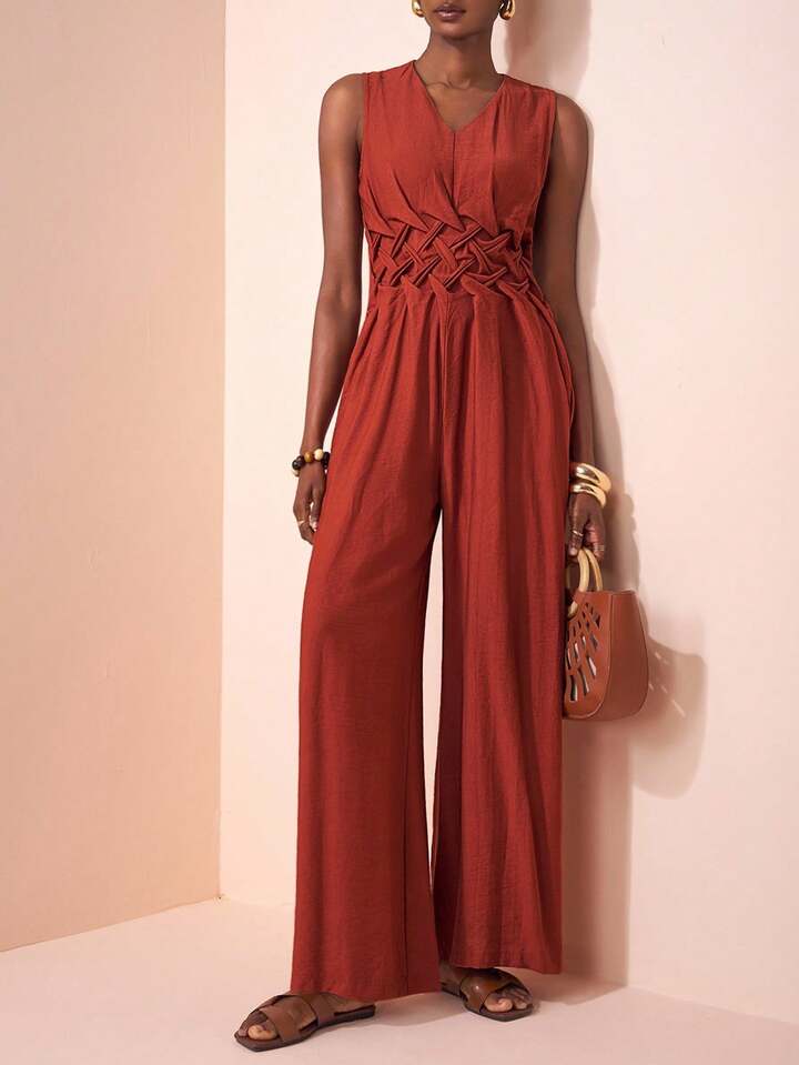 CM-JS104617 Women Trendy Bohemian Style V-Neck Sleeveless Waist Pleated Wide-Leg Jumpsuit - Rust Brown