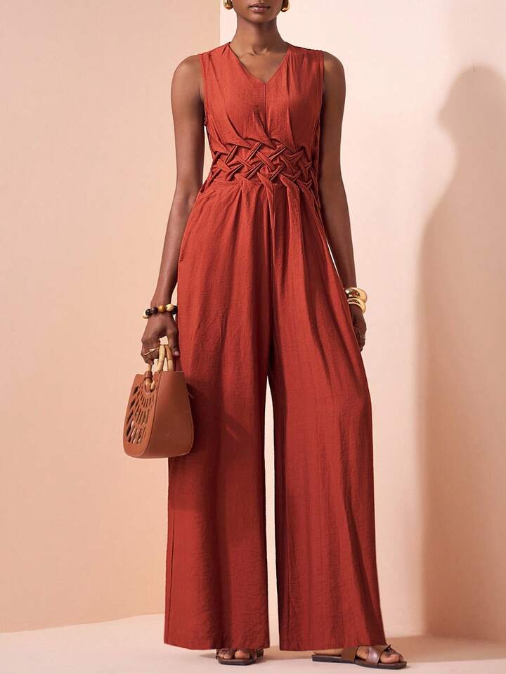 CM-JS104617 Women Trendy Bohemian Style V-Neck Sleeveless Waist Pleated Wide-Leg Jumpsuit - Rust Brown