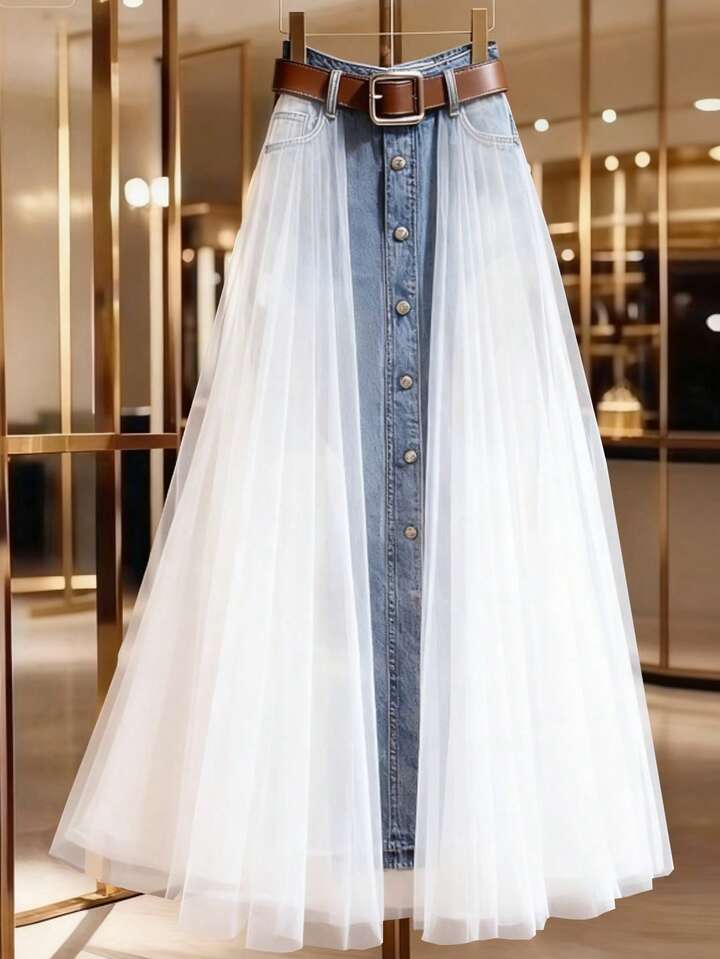 CM-BS196112 Women Casual Seoul Style Mid Waist Mesh Patchwork Button Decor Denim Mini Skirt - Blue