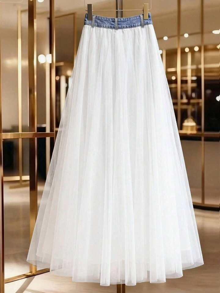 CM-BS196112 Women Casual Seoul Style Mid Waist Mesh Patchwork Button Decor Denim Mini Skirt - Blue