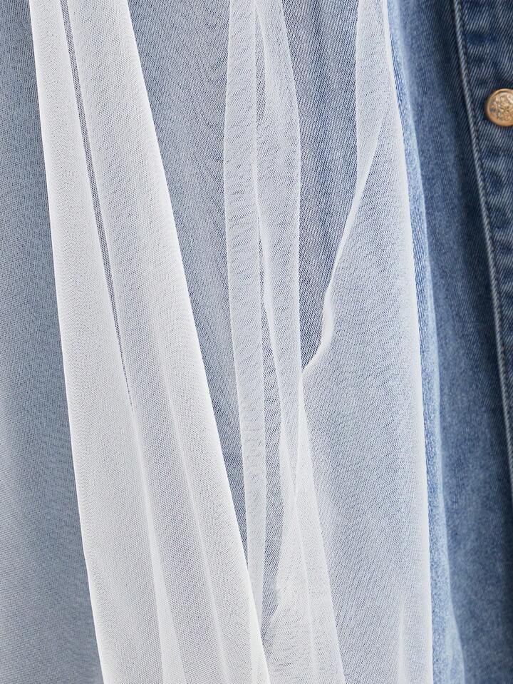 CM-BS196112 Women Casual Seoul Style Mid Waist Mesh Patchwork Button Decor Denim Mini Skirt - Blue