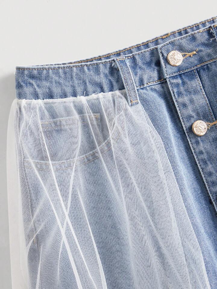 CM-BS196112 Women Casual Seoul Style Mid Waist Mesh Patchwork Button Decor Denim Mini Skirt - Blue