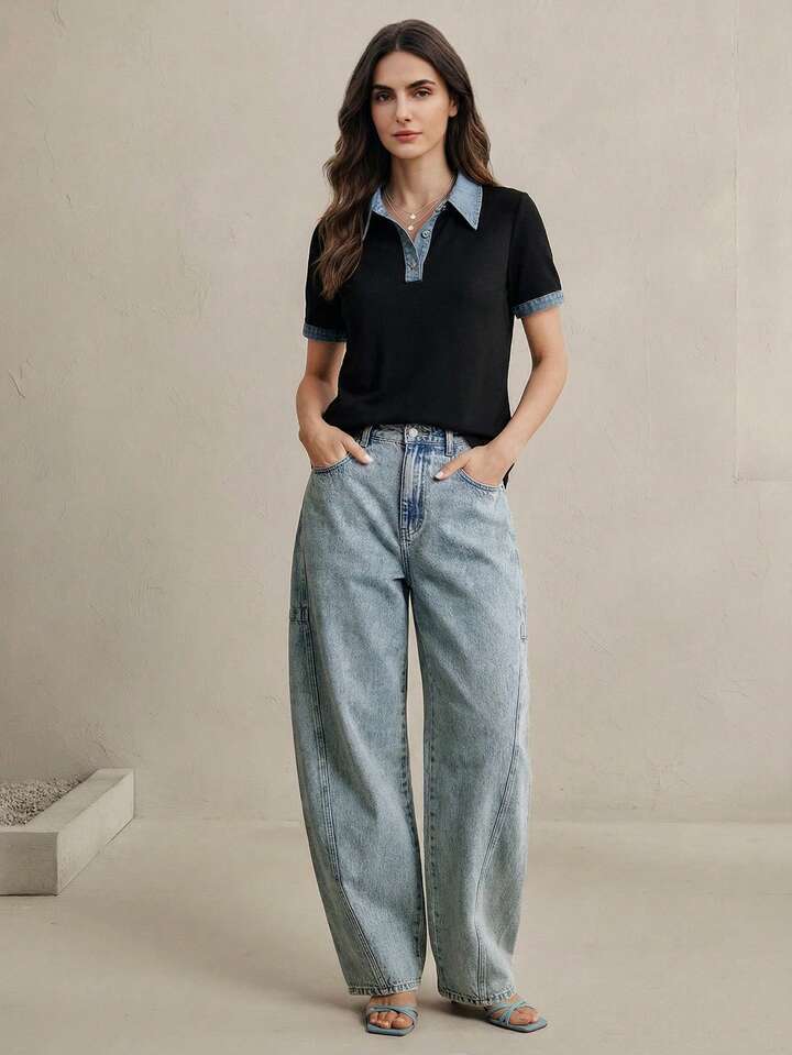 CM-TS999887 Women Casual Seoul Style Patchwork Woven Polo Collar Short Sleeve Denim Polo Shirt - Blue