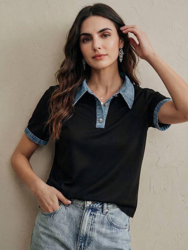 CM-TS999887 Women Casual Seoul Style Patchwork Woven Polo Collar Short Sleeve Denim Polo Shirt - Blue