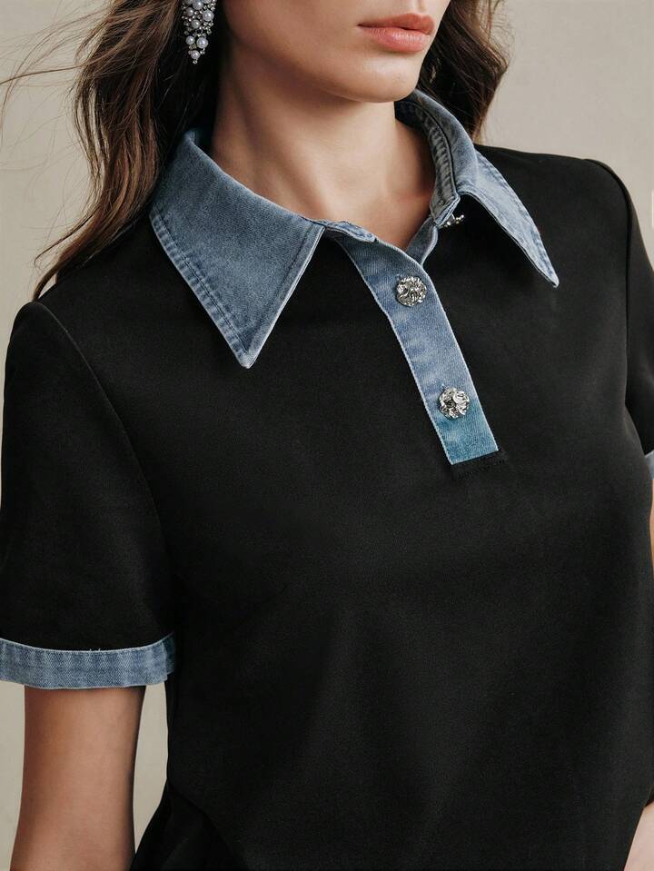CM-TS999887 Women Casual Seoul Style Patchwork Woven Polo Collar Short Sleeve Denim Polo Shirt - Blue