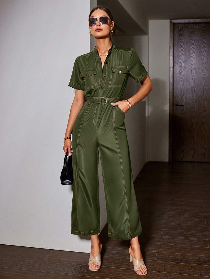 CM-JS220514 Women Elegant Seoul Style Notched Neckline Roll Up Sleeve Colorblock Wide Leg Jumpsuit - Green