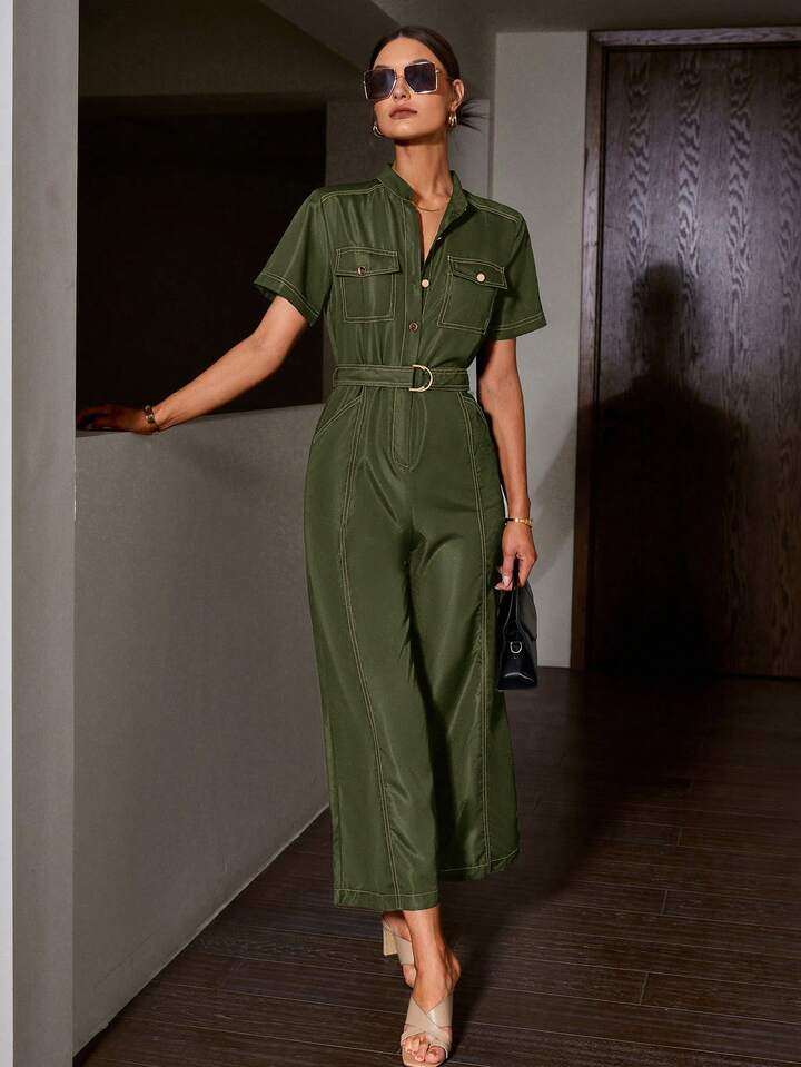 CM-JS220514 Women Elegant Seoul Style Notched Neckline Roll Up Sleeve Colorblock Wide Leg Jumpsuit - Green
