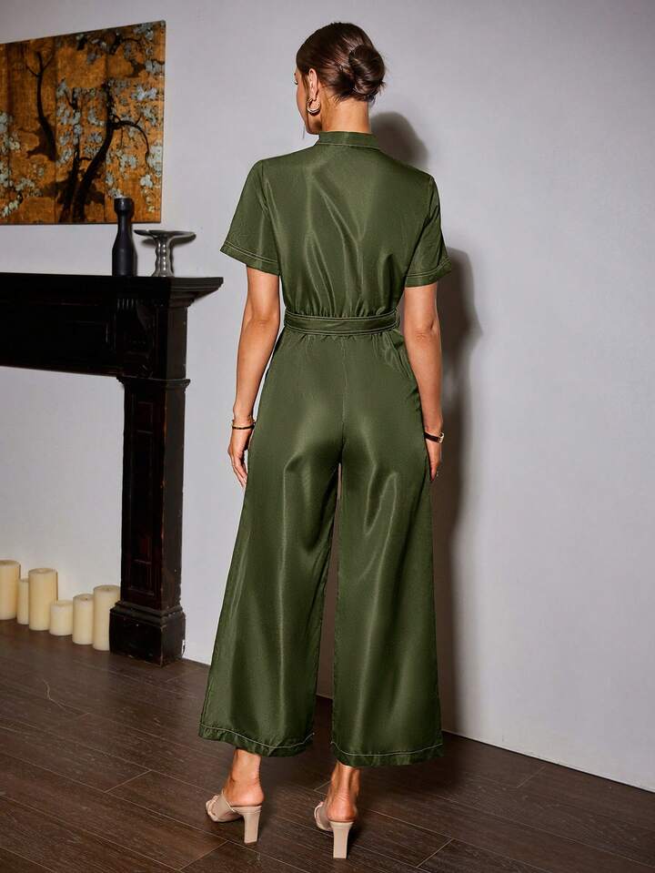 CM-JS220514 Women Elegant Seoul Style Notched Neckline Roll Up Sleeve Colorblock Wide Leg Jumpsuit - Green