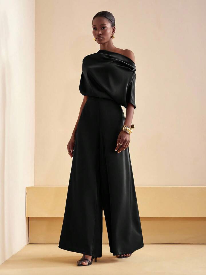 CM-JS906055 Women Elegant Seoul Style Asymmetrical Neck Short Sleeve Satin Wide Leg Jumpsuit - Black