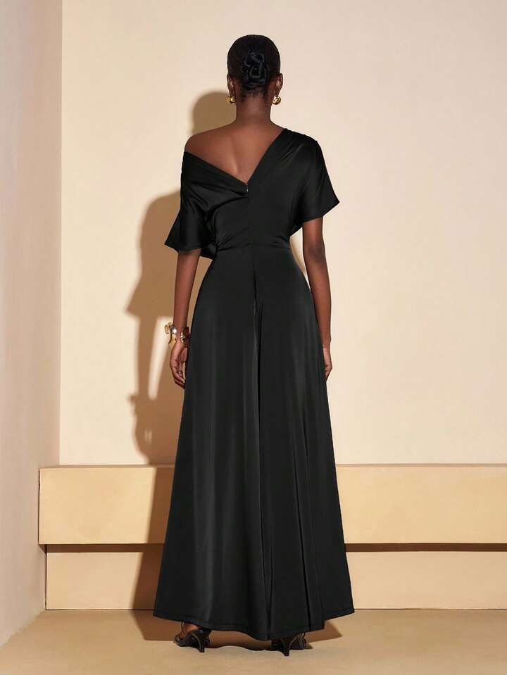 CM-JS906055 Women Elegant Seoul Style Asymmetrical Neck Short Sleeve Satin Wide Leg Jumpsuit - Black
