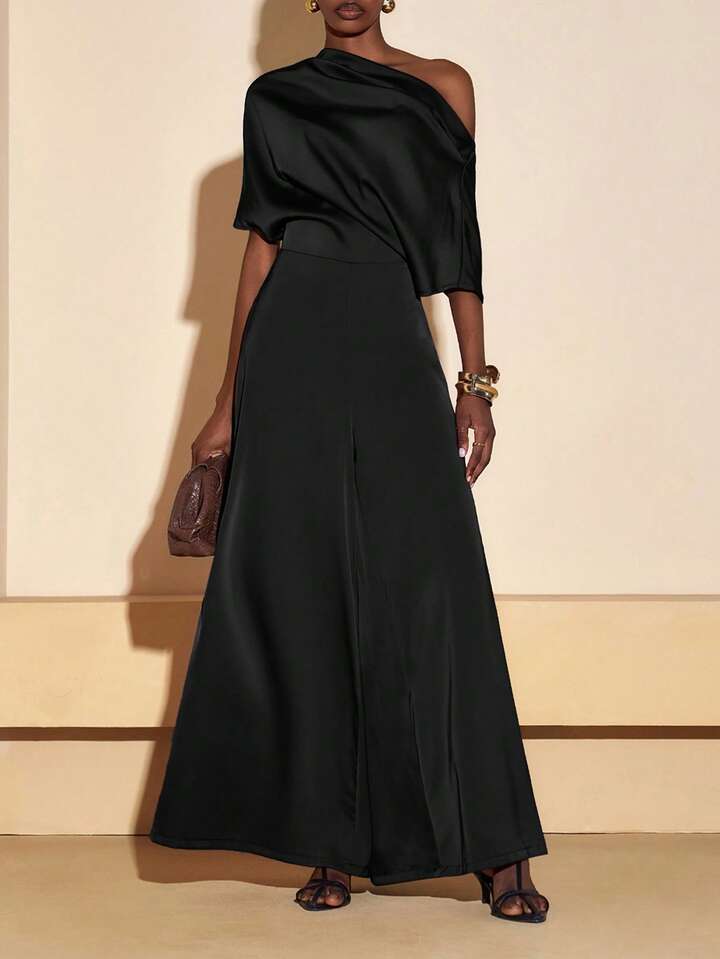 CM-JS906055 Women Elegant Seoul Style Asymmetrical Neck Short Sleeve Satin Wide Leg Jumpsuit - Black