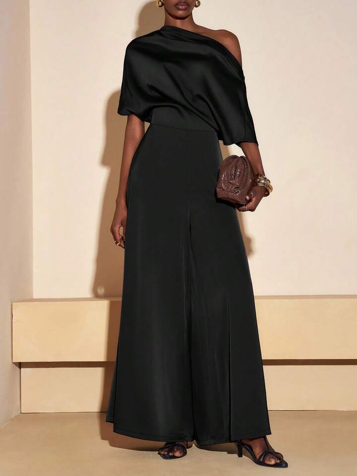 CM-JS906055 Women Elegant Seoul Style Asymmetrical Neck Short Sleeve Satin Wide Leg Jumpsuit - Black