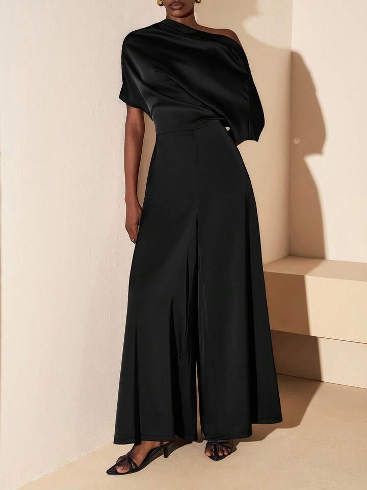 CM-JS906055 Women Elegant Seoul Style Asymmetrical Neck Short Sleeve Satin Wide Leg Jumpsuit - Black