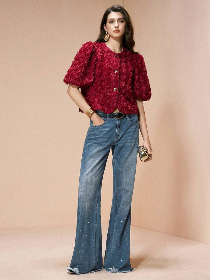 CM-TS034531 Women Elegant Seoul Style Floral Round Neck Petal Puff Sleeve Blouse - Burgundy