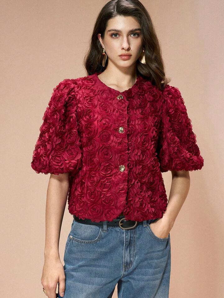 CM-TS034531 Women Elegant Seoul Style Floral Round Neck Petal Puff Sleeve Blouse - Burgundy